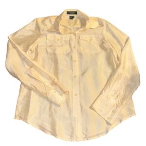 LAUREN Ralph Lauren‎ Petite Silk Button Down Shirt Ivory Cream Long Sleeve SZ 2P
